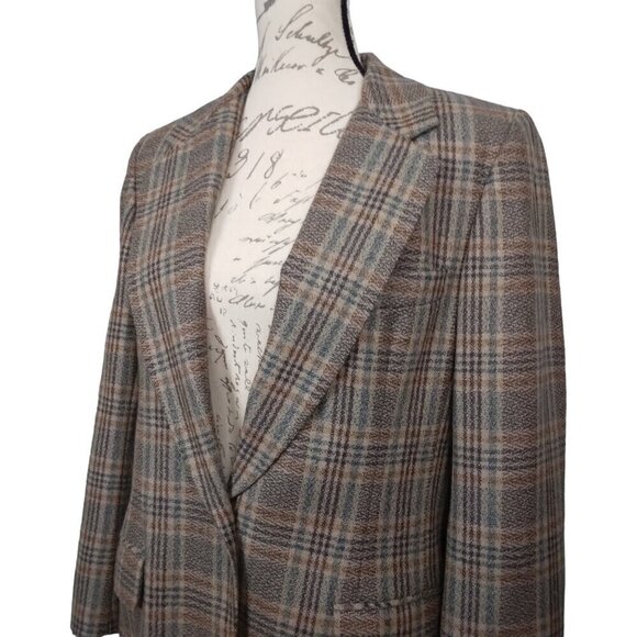 JH Collectibles | Vintage Plaid 100% Wool Blazer Lined Tan Blue | Size 10P - Picture 1 of 12